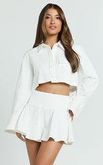 Harlow Two Piece Set - Long Sleeve Crop Shirt and Mini Skirt Set in White