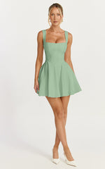 Harmony Mini Dress - Wide Strap Square Neck Fit And Flare Dress in Sage