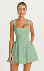 Harmony Mini Dress - Wide Strap Square Neck Fit And Flare Dress in Sage