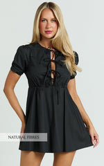 Hattie Mini Dress - Tie Front Puff Sleeve Dress in Black