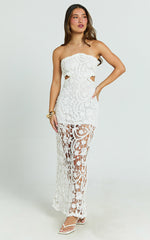 Heather Maxi Dress - Square Neck Strappy Fitted Crochet Column Dress in White