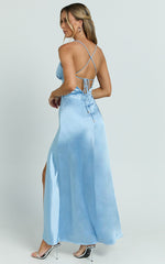 Heidi Maxi Dress - Satin Ruched Bust Tie Back Dress in Blue