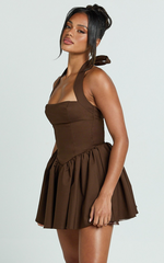 Helda Mini Dress - Halter Tie Neck Corset Panel Dress in Chocolate