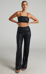 Imogen Two Piece Set - Bandeau Top and Straight Pants Set in Black Sequin