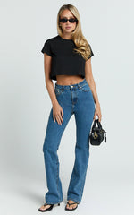 Inez Jeans - Mid Rise Slim Straight Bootcut Jeans in Dark Blue Wash