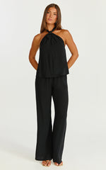 Ingrid Two Piece Set - Knot Detail Halter Neck Top and Wide Leg Pants Set in Black