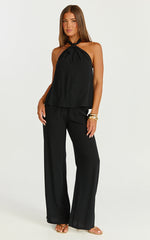 Ingrid Two Piece Set - Knot Detail Halter Neck Top and Wide Leg Pants Set in Black