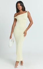 Isabel Midi Dress - Twist Off Shoulder Bodycon Dress in Lemon