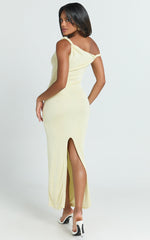 Isabel Midi Dress - Twist Off Shoulder Bodycon Dress in Lemon