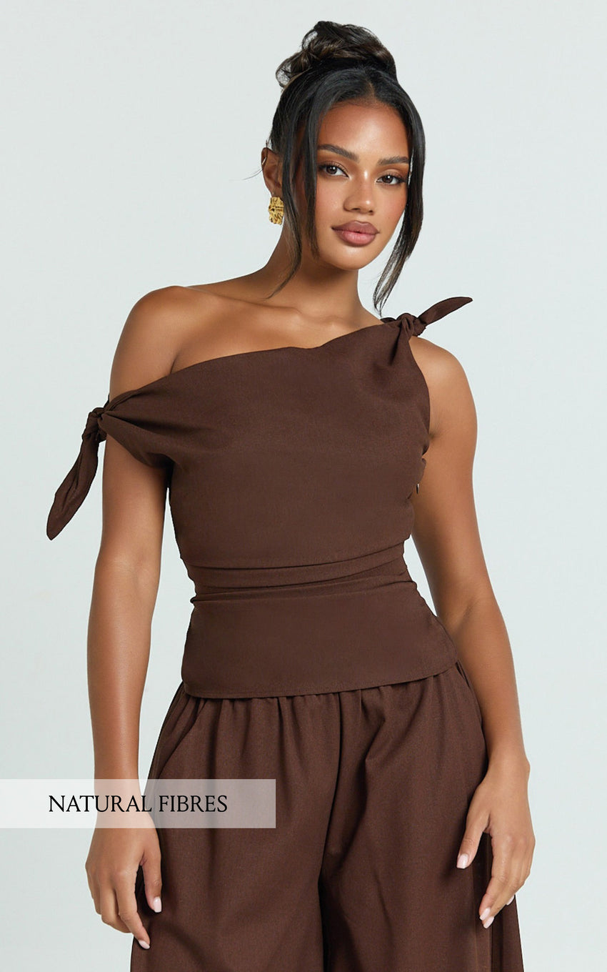 Ivy Top - Linen Off Shoulder Tie Top in Chocolate