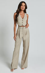 Izara Vest - V Neck Button Up Cropped Vest in Oatmeal