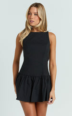 Izira Mini Dress - Boat Neck Drop Waist Shift Dress in Black