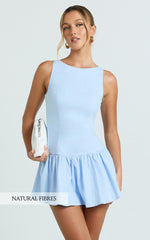 Izira Mini Dress - Boat Neck Drop Waist Shift Dress in Blue