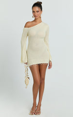 Izira Mini Dress - Knit One Shoulder Long Sleeve Pearl Bead Dress in Ivory