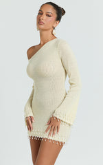 Izira Mini Dress - Knit One Shoulder Long Sleeve Pearl Bead Dress in Ivory