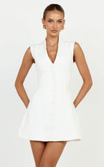 Jacinta Mini Dress - Sleeveless Button Front Tulip Dress in Off White