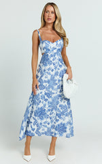 Jackleyn Midi Dress - Sweetheart A Line Dress in Blue Floral