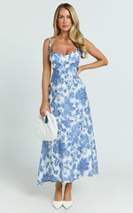 Jackleyn Midi Dress - Sweetheart A Line Dress in Blue Floral