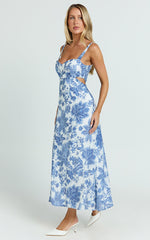 Jackleyn Midi Dress - Sweetheart A Line Dress in Blue Floral