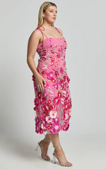 Jamich Midi Dress - Straight Neck Tie Strap Pencil Dress in Magenta