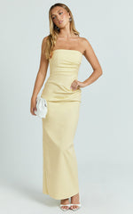 Jamie Maxi Dress - Strapless Ruched Fitted Column Dress in Lemon