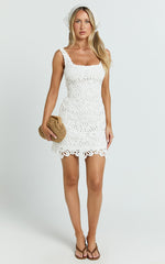 Jane Mini Dress - Square Neck Lace Dress in White