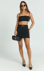 Janelle Two Piece Set - Micro Crop Top and Belted Mini Skirt Set in Black