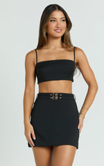 Janelle Two Piece Set - Micro Crop Top and Belted Mini Skirt Set in Black