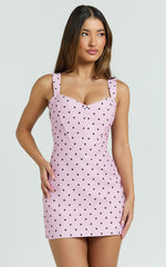Janice Mini Dress - Square Neckline Dress in Fondant Pink Polka Dot