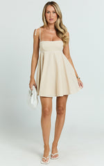 Jazmin Mini Linen Blend Dress - Tie Shoulder Fit And Flare Dress in Oatmeal