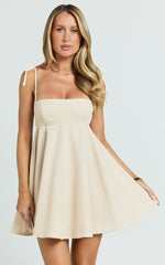 Jazmin Mini Linen Blend Dress - Tie Shoulder Fit And Flare Dress in Oatmeal