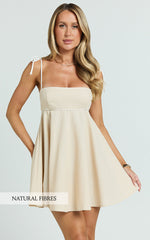 Jazmin Mini Linen Blend Dress - Tie Shoulder Fit And Flare Dress in Oatmeal