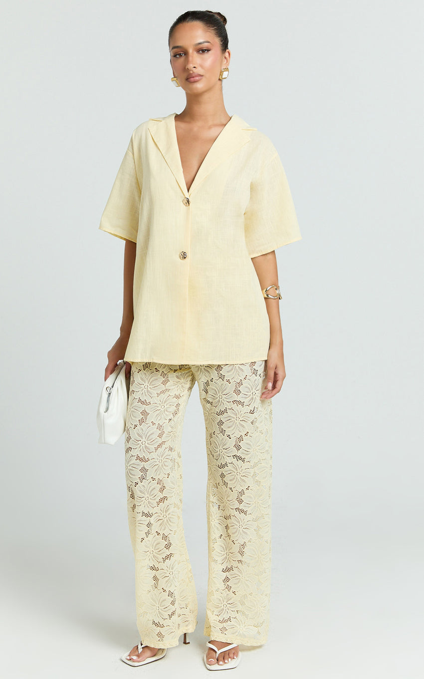 Jemma Two Piece Set - Relaxed Shirt and Lace Pants Set in Butter Yellow