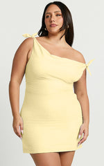 Jeofina Mini Dress - Off The Shoulder Linen Look Dress in Lemon