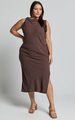 Jessenia Midi Dress - Linen High Neck Dress in Chocolate