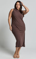 Jessenia Midi Dress - Linen High Neck Dress in Chocolate