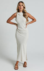 Jessenia Midi Dress - Linen High Neck Dress in Natural