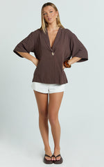 Joanna Top - Button Up Collared Short Sleeve Shirt in Chocolate
