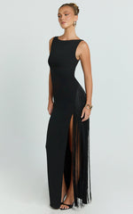 Joanne Maxi Dress - Scoop Neck Fringe Dress in Black