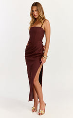 Jonas Midi Dress - Strapless Corset Bodice Draped Waist Skirt Dress in Chocolate