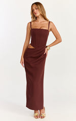 Jonas Midi Dress - Strapless Corset Bodice Draped Waist Skirt Dress in Chocolate