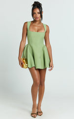 Kailee Mini Dress - Wide Strap Square Neck Fit And Flare Tulip Dress in Sage