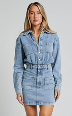 Kamala Mini Dress - Long Sleeve Button Through Denim Dress in Light Blue Wash