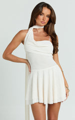 Karla Mini Dress - Asymmetric Tie Neck Fit And Flare Dress in Cream