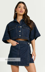 Katherine Top - Crop Button Down Collared Recycled Denim Short Sleeve Top in Dark Blue Wash