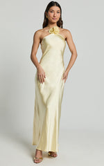 Keithy Maxi Dress - Rosette Halter Neck Slip Dress in Lemon