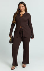 Kelsey Top - Button Through Long Sleeve Knitted Top in Chocolate