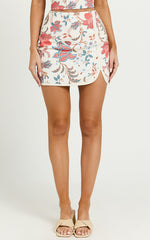 Kelsie Mini Skirt - Linen Mid Waist Side Split Skirt in Summer Chintz