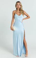 Kendall Maxi Dress - Satin Scoop Neck Low Back Bias Cut Dress in Blue
