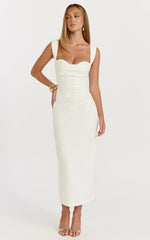 Kenna Midi Dress - Gathered Bust Tucked Waist Dress in Off White